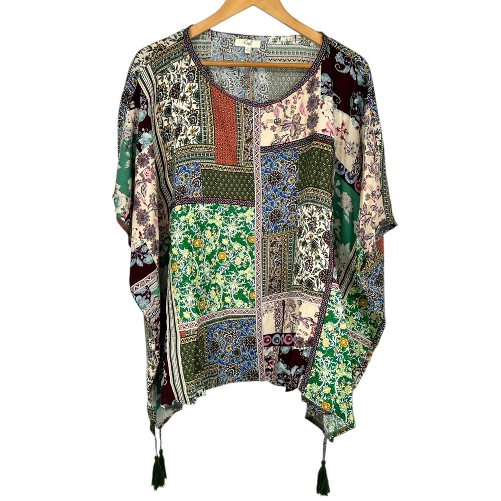 Easel Patchwork Print Oversized Tassel Trim Blouse size 1X NWT Ribbon Trim